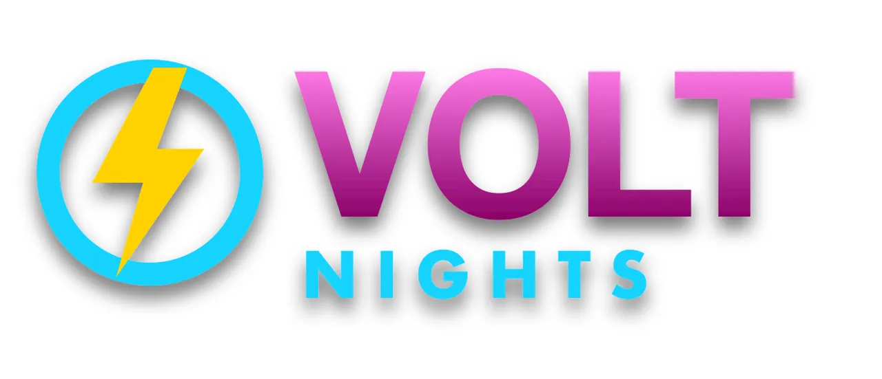 The VOLT NIGHTS logo with a pink-to-purple gradient on the word VOLT and a soft drop shadow under the badge and lettering, on white