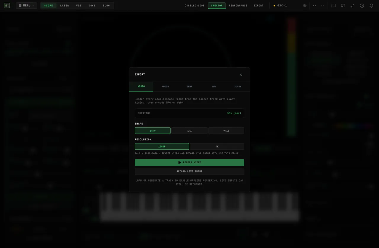 OSC-1 Export Video dialog showing 16:9, 1080P and Record Live Input