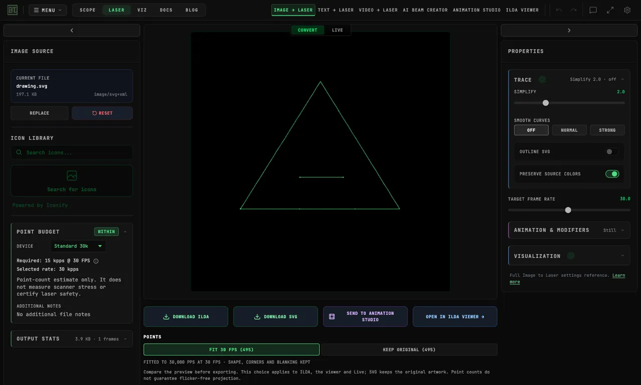 The native Scope SVG exported and opened in Image to Laser
