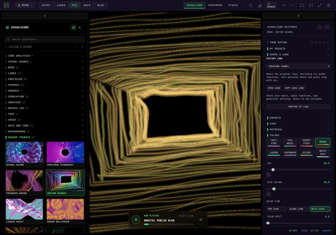 Vector Echoes color settings with MAGMA selected and HUE set to 30