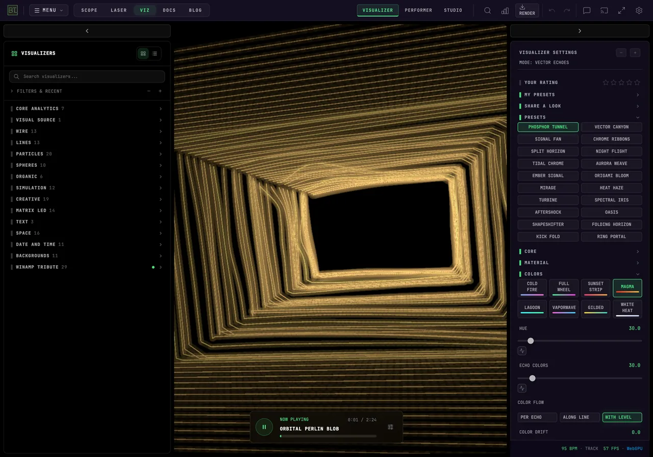 The shared Vector Echoes look reopened in a fresh browser profile with HUE restored to 30