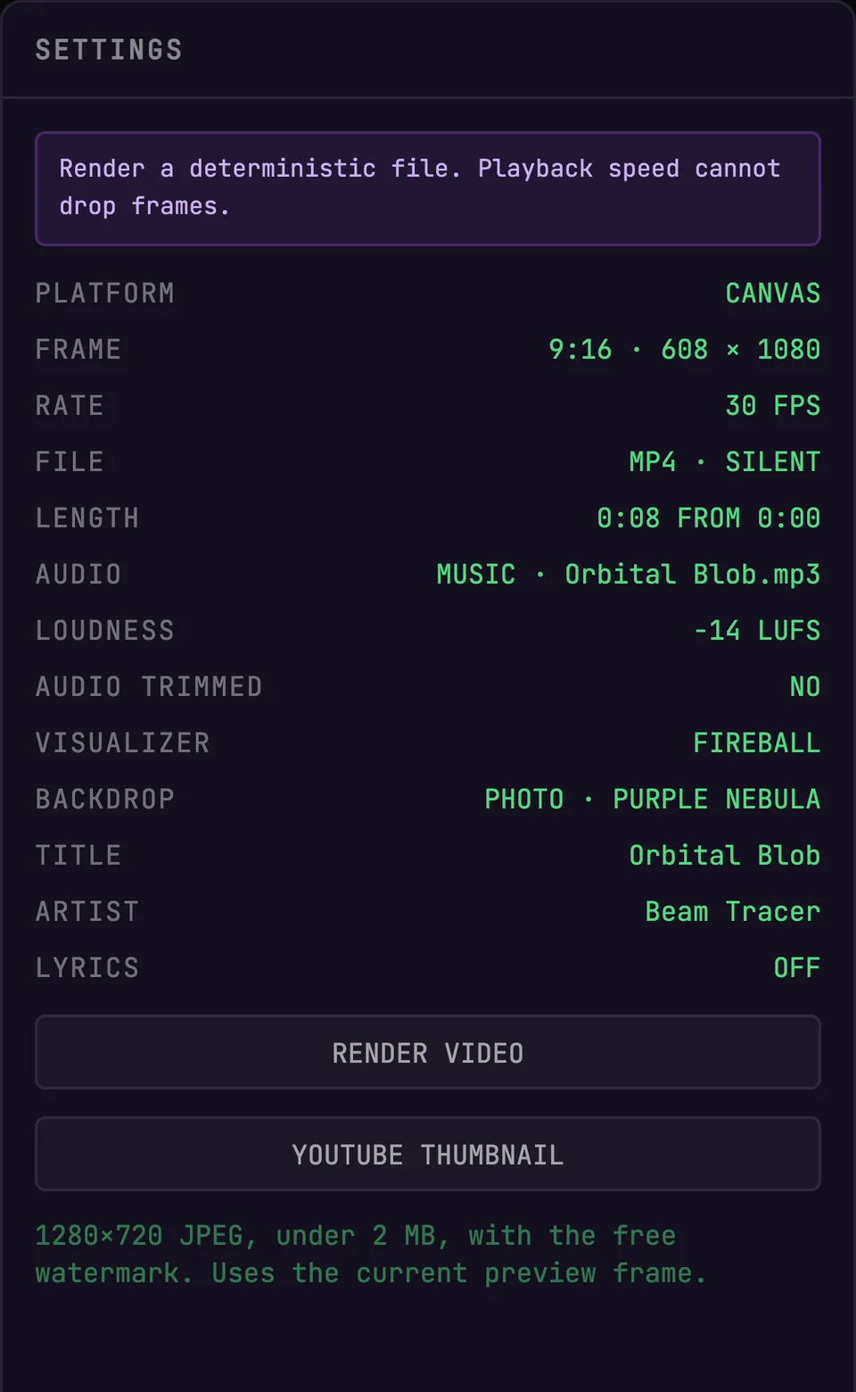 The BeamTracer Studio export summary with the Spotify Canvas preset selected, showing 9:16, 608×1080, 30 FPS, MP4 silent, 0:08