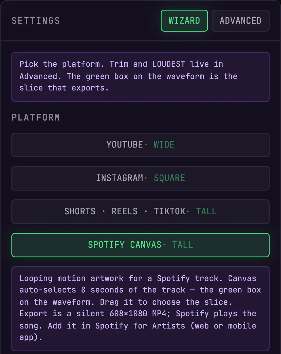The platform presets in the BeamTracer Studio FRAME step with SPOTIFY CANVAS selected