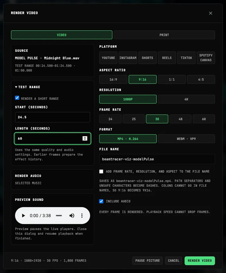 Model Pulse export settings for a 60-second vertical MP4 with the selected music