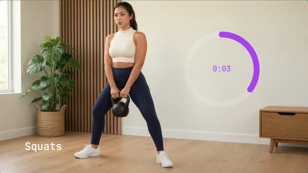 A purple stopwatch overlay inside a purple progress ring, burned onto a video clip, rendered in the browser