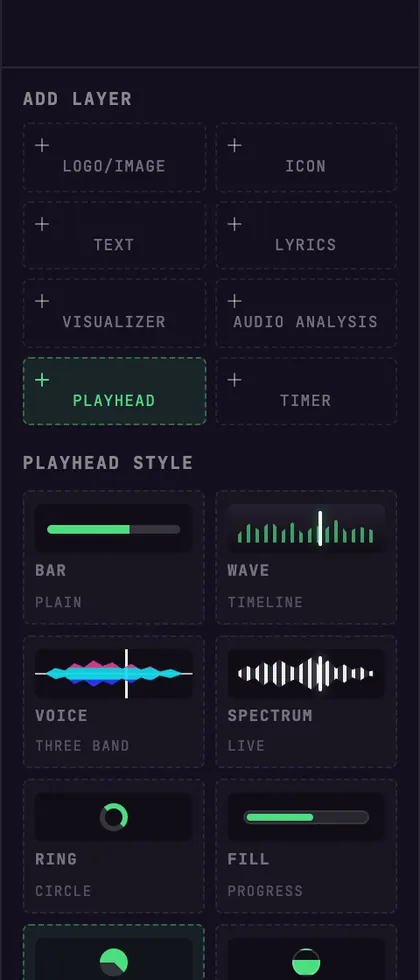 The ADD LAYER grid and the eight playhead styles in BeamTracer Studio