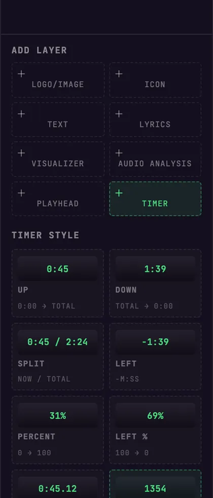 The ADD LAYER grid and the standard timer formats in BeamTracer Studio