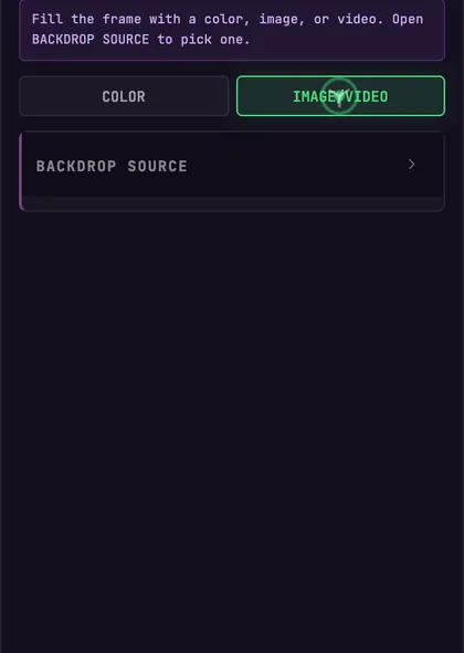 The BACKDROP SOURCE panel in BeamTracer Studio with the VIDEO BACKDROP upload control