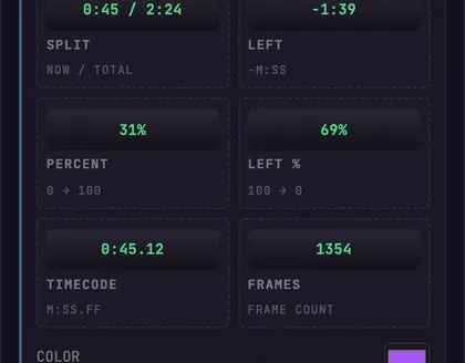 The timer font picker open in BeamTracer Studio, searching for a font, with a live 0:45 preview