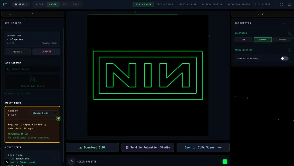 BeamTracer SVG-to-ILDA converter showing a NIN logo converted to laser-ready ILDA format