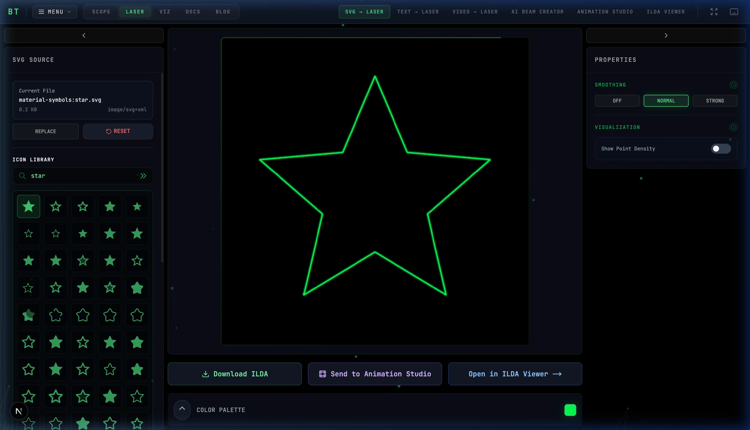 Star icon selected from Iconify library with real-time laser beam preview rendering