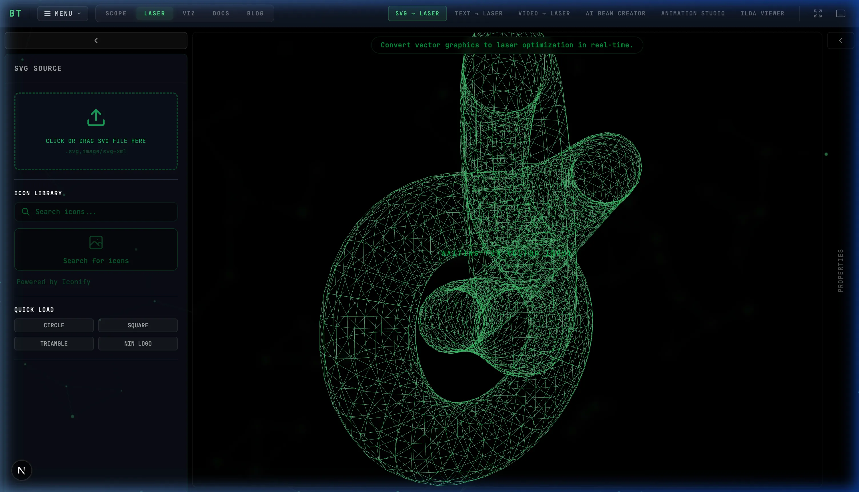 BT Laser Studio's import panel with drag-and-drop SVG source and Iconify icon library search
