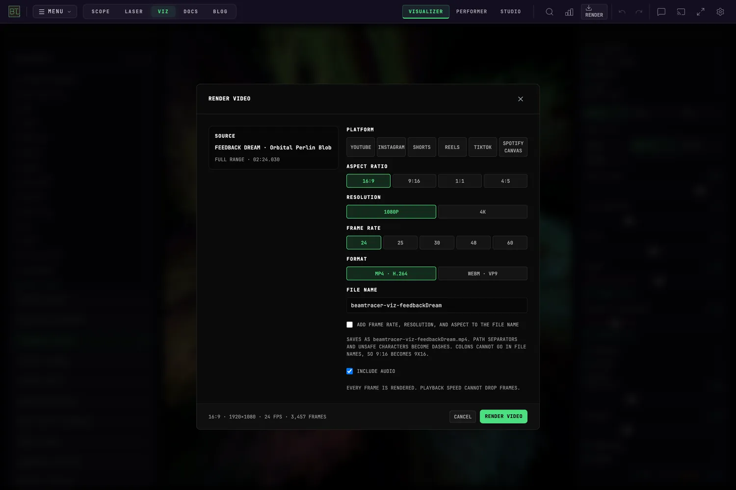 BeamTracer video export dialog with format and audio options