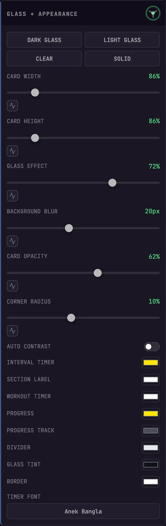 Advanced glass and appearance controls in BeamTracer Studio with card size, glass effect, background blur, opacity, corner radius and separate color swatches for every element