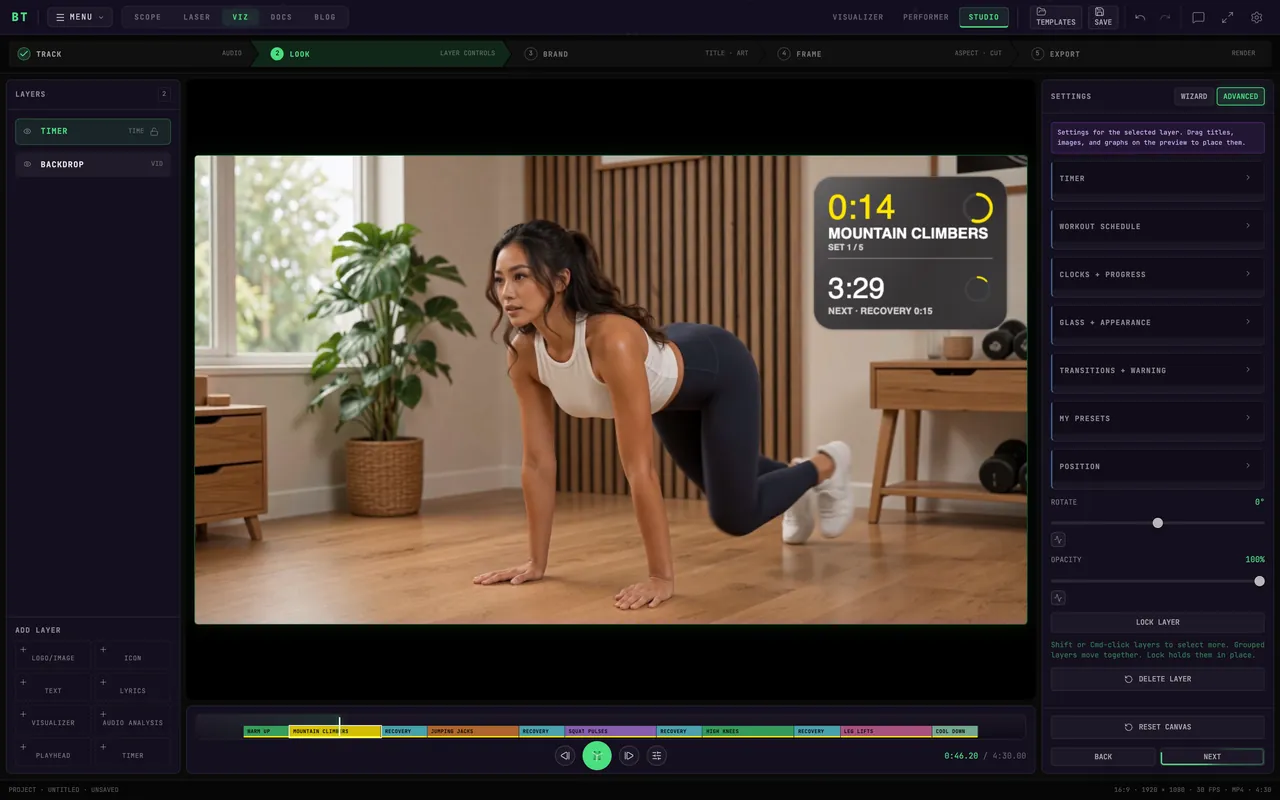 The BeamTracer Studio editor with the workout timer selected, the interval lane under the canvas, and the settings groups on the right