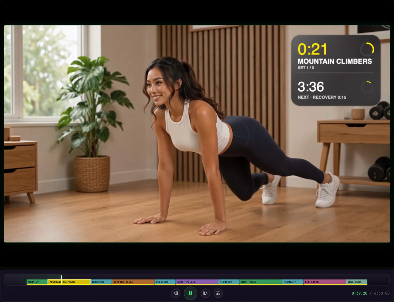 The BeamTracer Studio canvas with the full workout lane below it — warm up, five named exercises, recoveries and a cool down as colored blocks