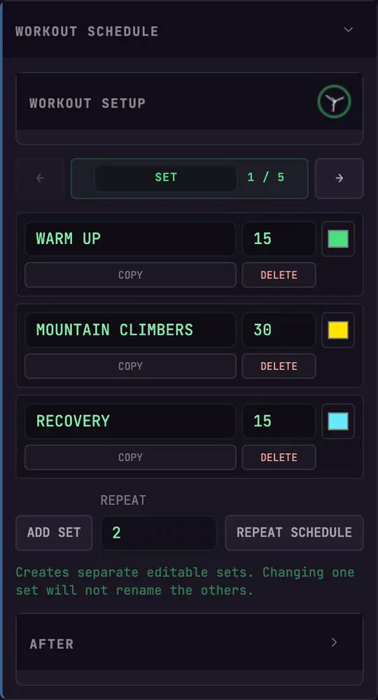 The BeamTracer Studio workout set editor showing Warm Up, Mountain Climbers and Recovery with durations, colors, copy and delete, and the repeat schedule control