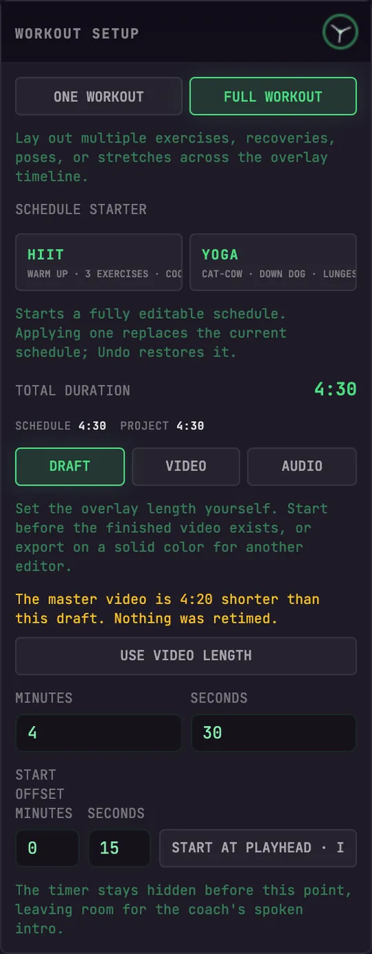 Workout Setup in BeamTracer Studio with one-workout and full-workout modes, HIIT and Yoga starters, the draft-video-audio duration source, and the start offset