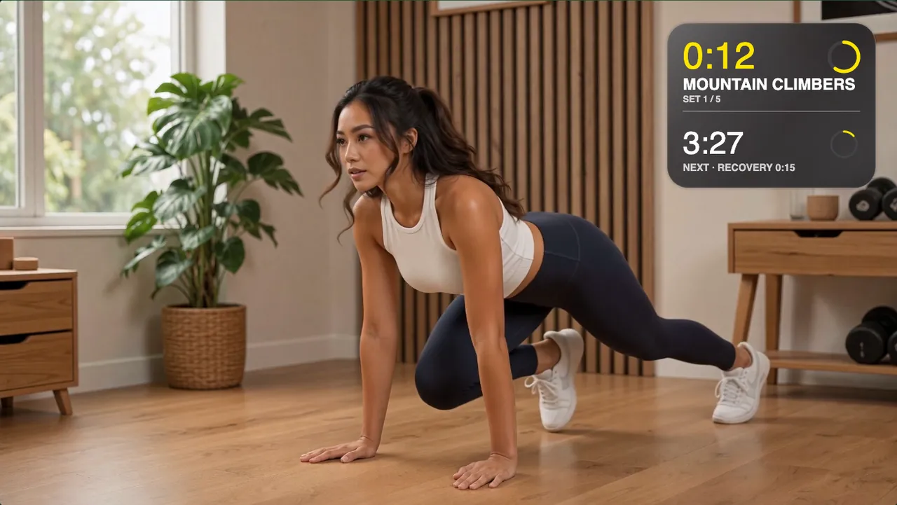 A mountain climbers workout video with a glass workout timer card showing the interval clock, the exercise name, the set number and the whole-workout clock