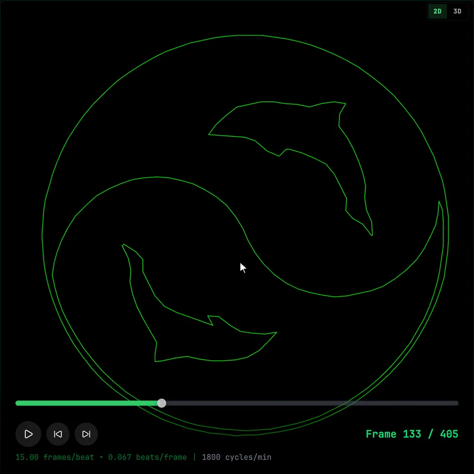 The 2D preview of DOLPHIN paused with the hover bar showing: the frame scrubber, the Play, Previous frame and Next frame buttons and the Frame readout