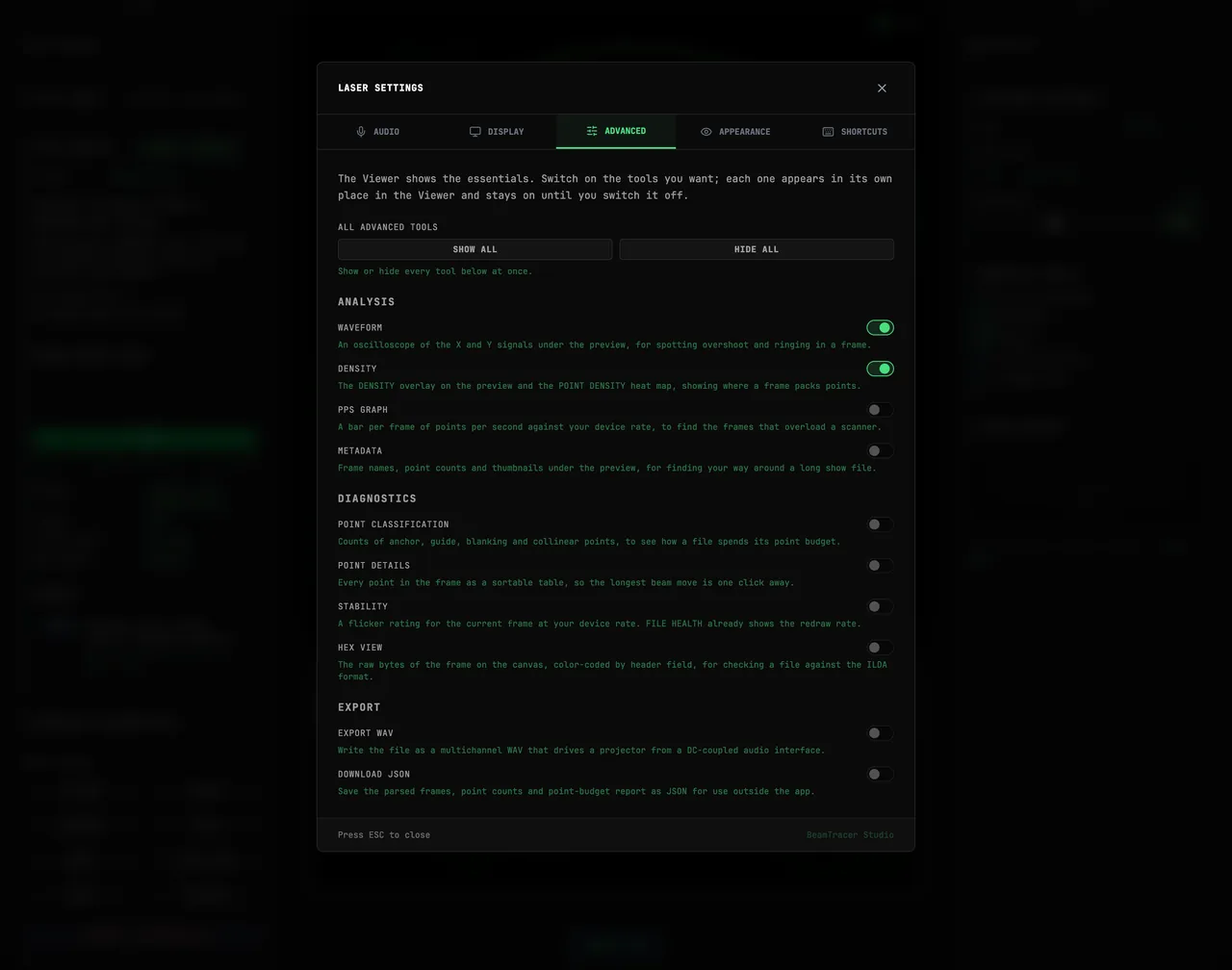 LASER SETTINGS open on its ADVANCED tab over the ILDA Viewer: an ALL ADVANCED TOOLS row with SHOW ALL and HIDE ALL, then the ANALYSIS, DIAGNOSTICS and EXPORT groups of switches, each with a one-line note, with WAVEFORM and DENSITY switched on