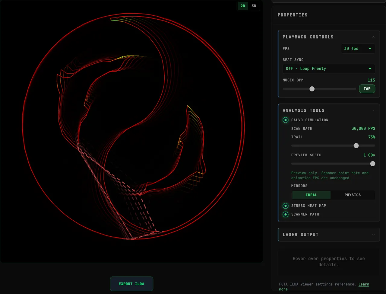 The 2D preview of DOLPHIN beside ANALYSIS TOOLS with GALVO SIMULATION, STRESS HEAT MAP and SCANNER PATH switched on: the scanner draws the frame with a trail, blanked travel shows as dashed lines, the paths are colored by scanner load, and the GALVO SIMULATION controls SCAN RATE 30,000 PPS, TRAIL 75%, PREVIEW SPEED 1.00× and MIRRORS IDEAL / PHYSICS sit under its checkbox