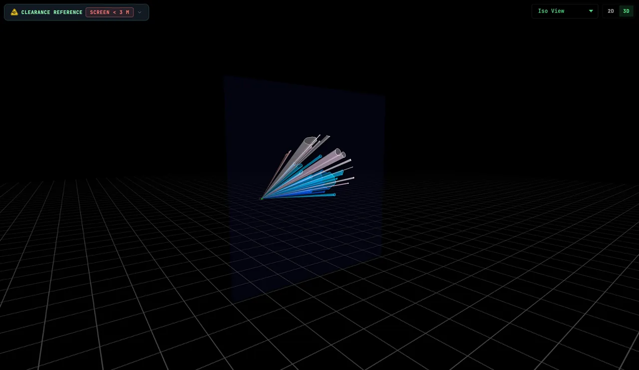 The MOON file switched from 2D to 3D with the 2D | 3D control in Haze beam mode, then the camera preset moves through Audience View, Iso View, Projector View and Orbit Mode as fans of white and blue light cones spread from the projector