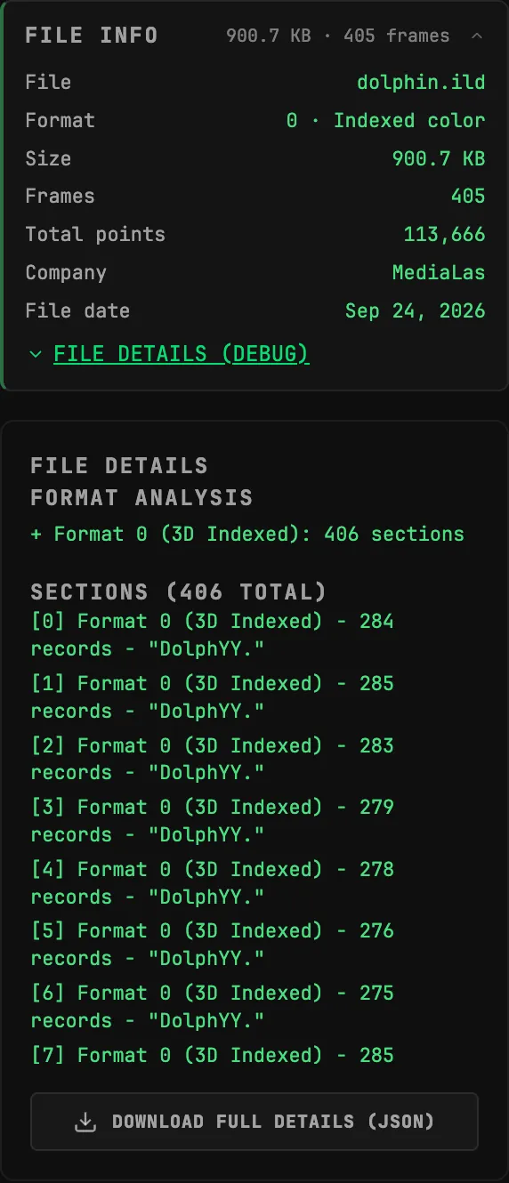 FILE INFO for dolphin.ild with FILE DETAILS (DEBUG) expanded: File, Format 0 · Indexed color, Size 900.7 KB, Frames 405, Total points 113,666, Company and File date, then a FILE DETAILS block whose FORMAT ANALYSIS reads Format 0 (3D Indexed): 406 sections and whose SECTIONS list gives each section's format, record count and name, ending in DOWNLOAD FULL DETAILS (JSON)