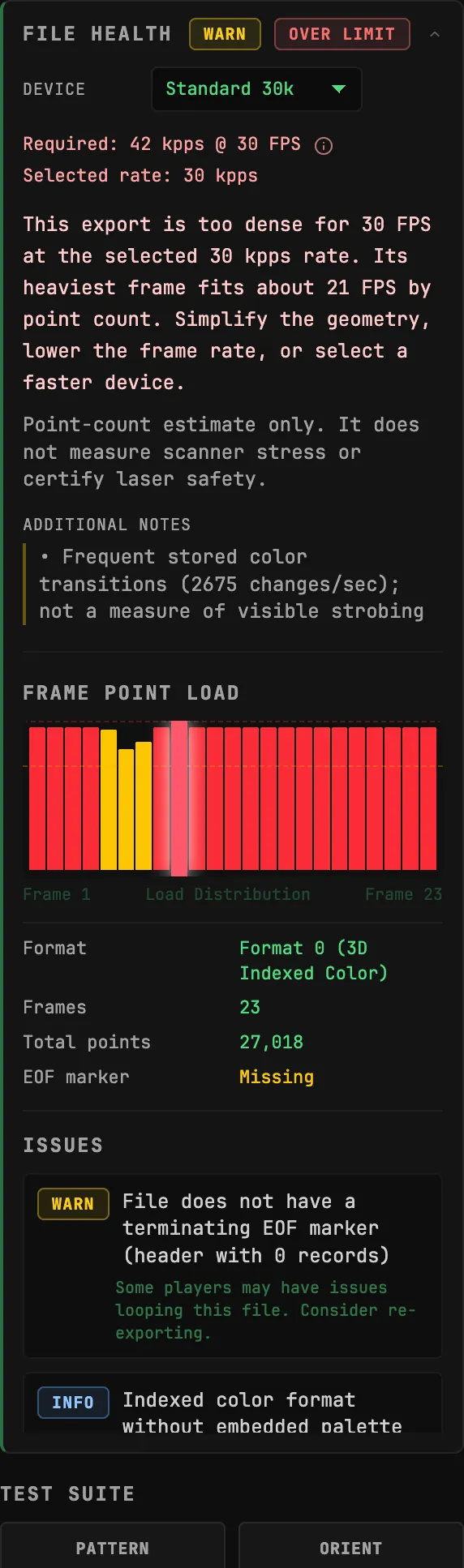 ILDA Viewer file-health panel with a device point-count warning