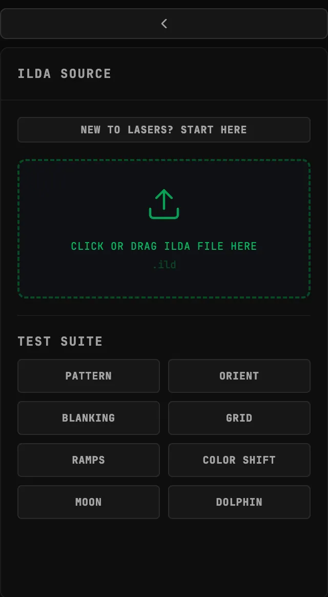 The ILDA SOURCE panel before a file is loaded: the NEW TO LASERS? START HERE button, the CLICK OR DRAG ILDA FILE HERE drop zone marked .ild, and the TEST SUITE buttons PATTERN, ORIENT, BLANKING, GRID, RAMPS, COLOR SHIFT, MOON and DOLPHIN