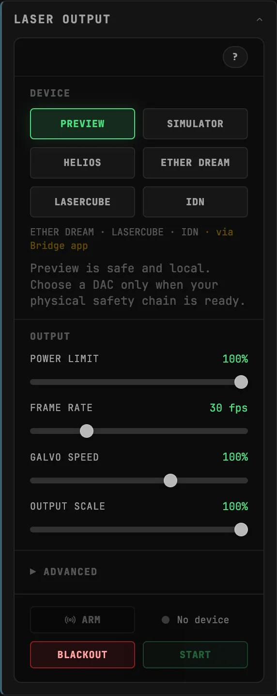 The LASER OUTPUT section of the ILDA Viewer: DEVICE buttons PREVIEW, SIMULATOR, HELIOS, ETHER DREAM, LASERCUBE and IDN, OUTPUT sliders POWER LIMIT 100%, FRAME RATE 30 fps, GALVO SPEED 100% and OUTPUT SCALE 100%, then ARM, BLACKOUT and START