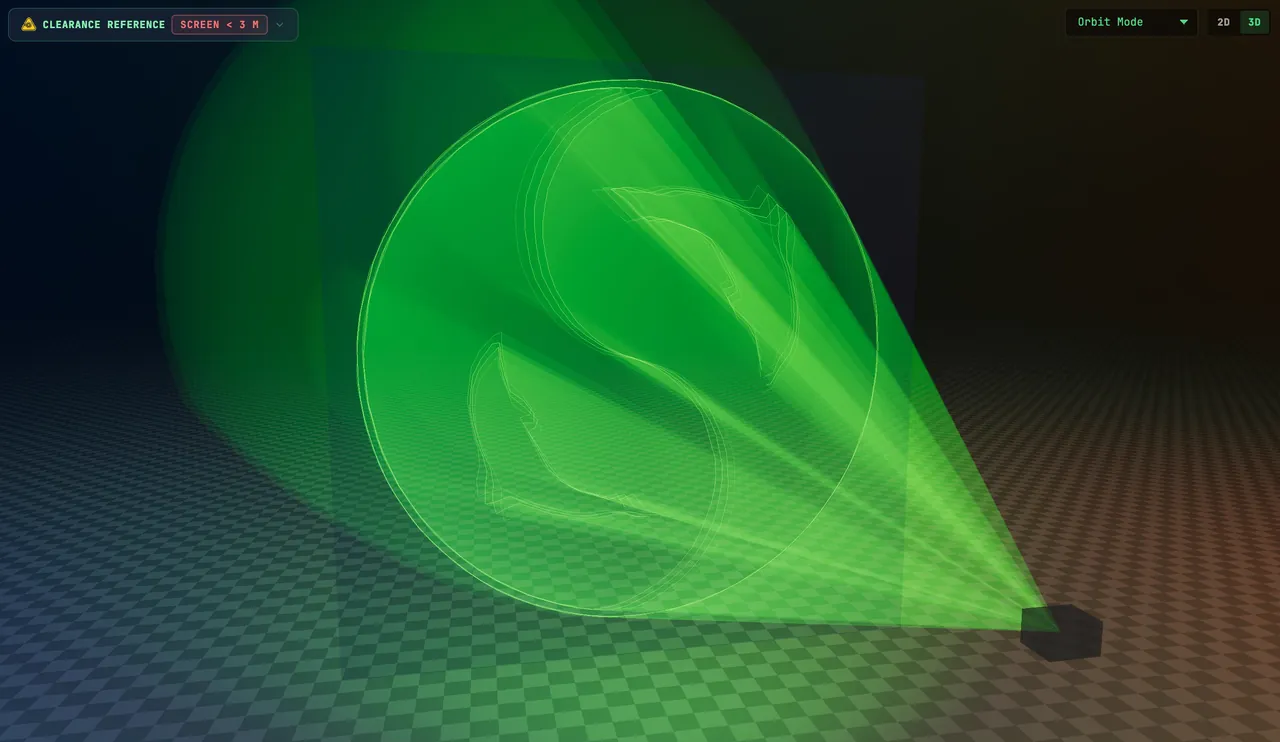 The bundled DOLPHIN file in the ILDA Viewer 3D view, Cinema beam mode, Orbit Mode camera: a green cone of light through light fog turns blue, then red, over a reflective checker floor as the camera circles the venue