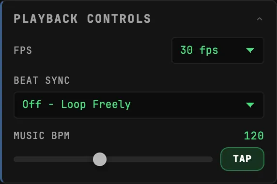 The PLAYBACK CONTROLS section: FPS set to 30 fps, BEAT SYNC set to Off - Loop Freely, and MUSIC BPM 120 with its slider and the TAP button