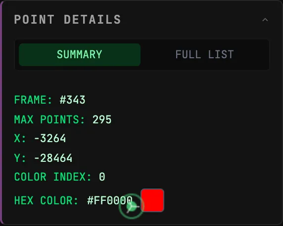 The Point Details widget summary: current frame number, max points, X/Y coordinates, color index, and a hex color swatch, all updating during playback