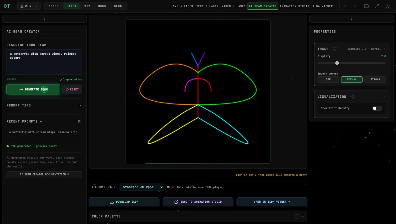 AI Beam Creator: a prompt being typed into the DESCRIBE YOUR BEAM panel, GENERATE BEAM pressed, and the resulting rainbow butterfly outline appearing on the preview canvas with trace controls and the export bar