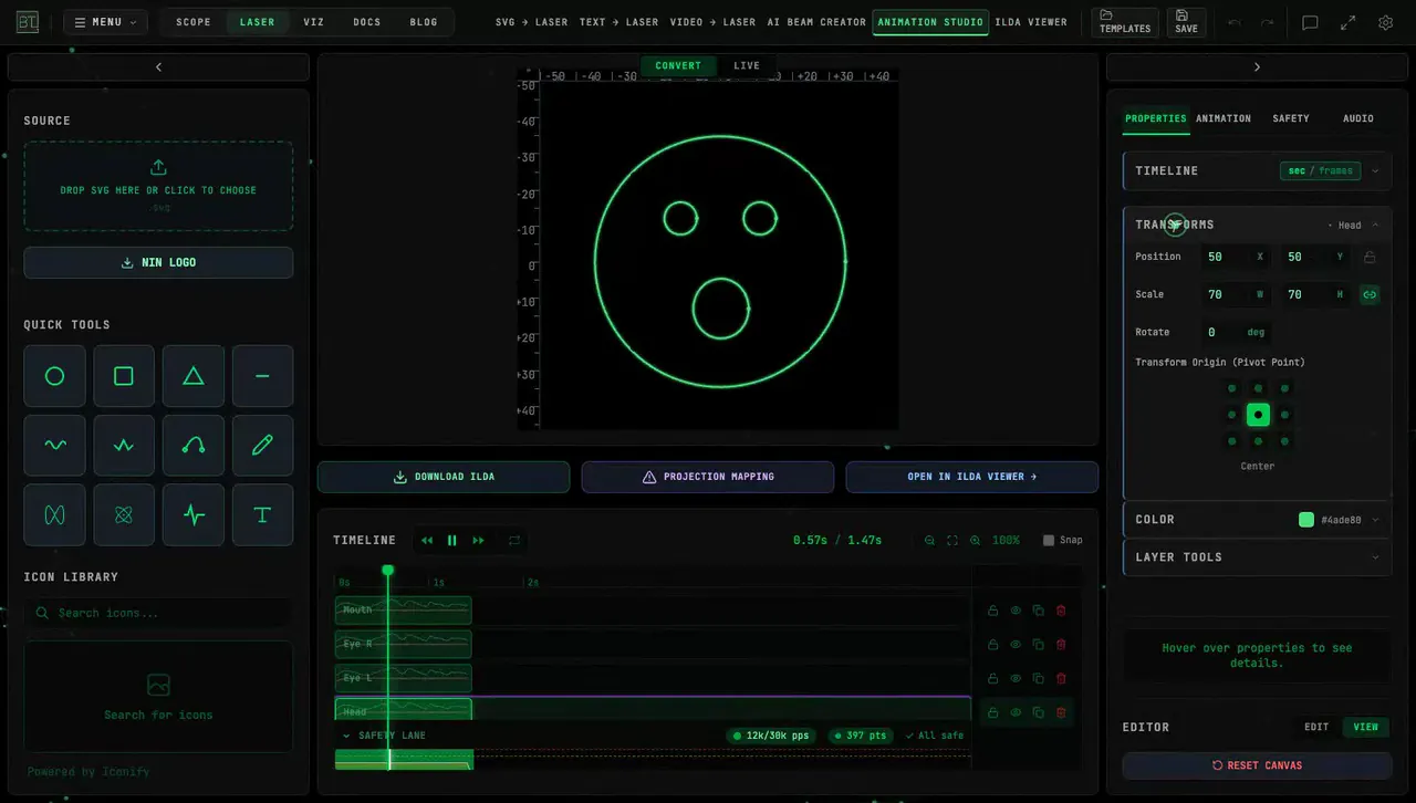 Animation Studio — assets sidebar left, live canvas center with the Talking Shape template, properties panel right, and the timeline with its safety lane at the bottom