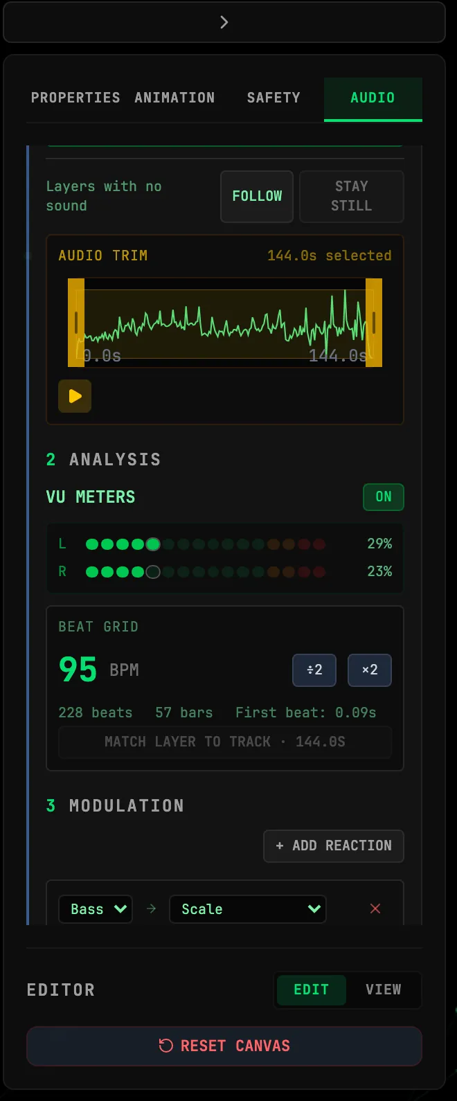 The AUDIO tab mid-playback: the 2 ANALYSIS stage with lit VU meters and the detected 95 BPM beat grid, and the 3 MODULATION stage with a Bass to Scale reaction row