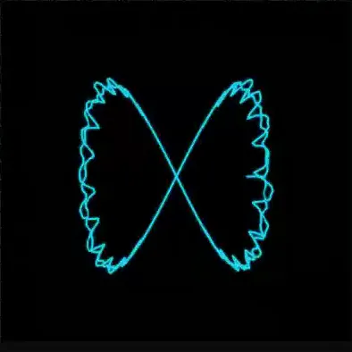 A Lissajous figure-8 in FFT audio mode, its curve spiking with the playing track