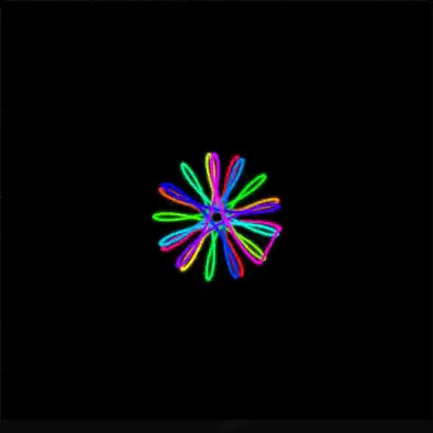 A rainbow spinning-star spirograph with Dynamic audio modulation driving its rotation and scale