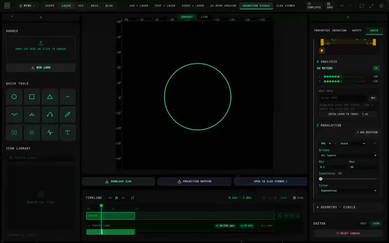 Animation Studio during Timeline playback, with a green circle changing size and the AUDIO tab showing live meters and an RMS to Scale reaction