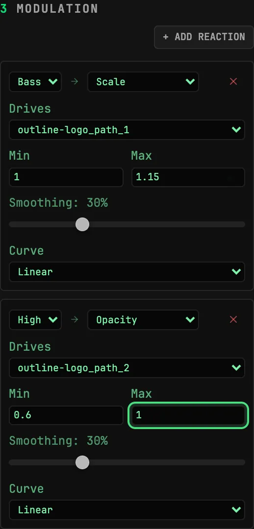 Bass drives Scale from 1 to 1.15 on the outline path, and High drives Opacity from 0.6 to 1 on the lettering path