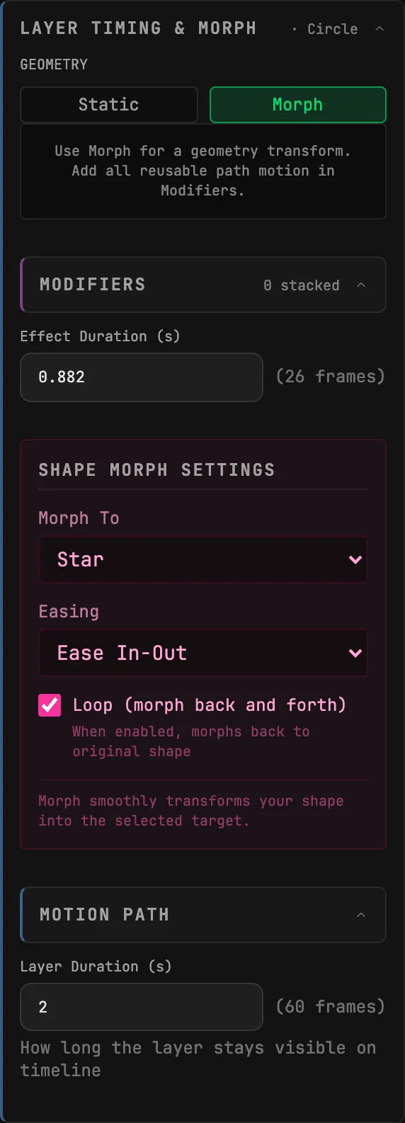 Animation settings with Morph selected, Effect Duration 0.882 seconds, Morph To Star, and looping enabled