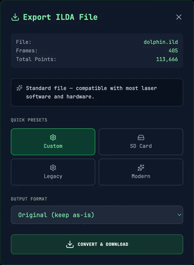 BeamTracer Export ILDA File dialog with file summary, quick presets, output format and Convert & Download