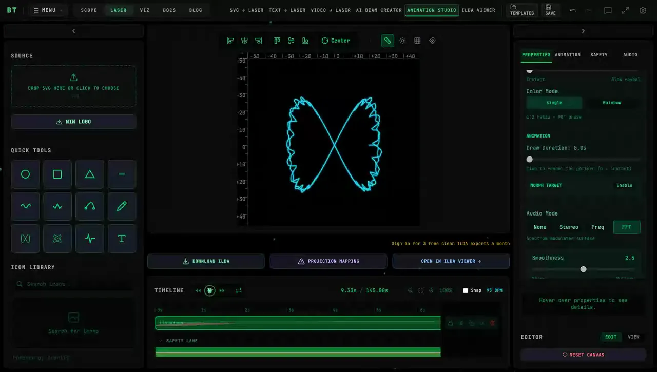 A Lissajous figure animating in Animation Studio with FFT audio mode adding waveform spikes, the Lissajous panel open on the right