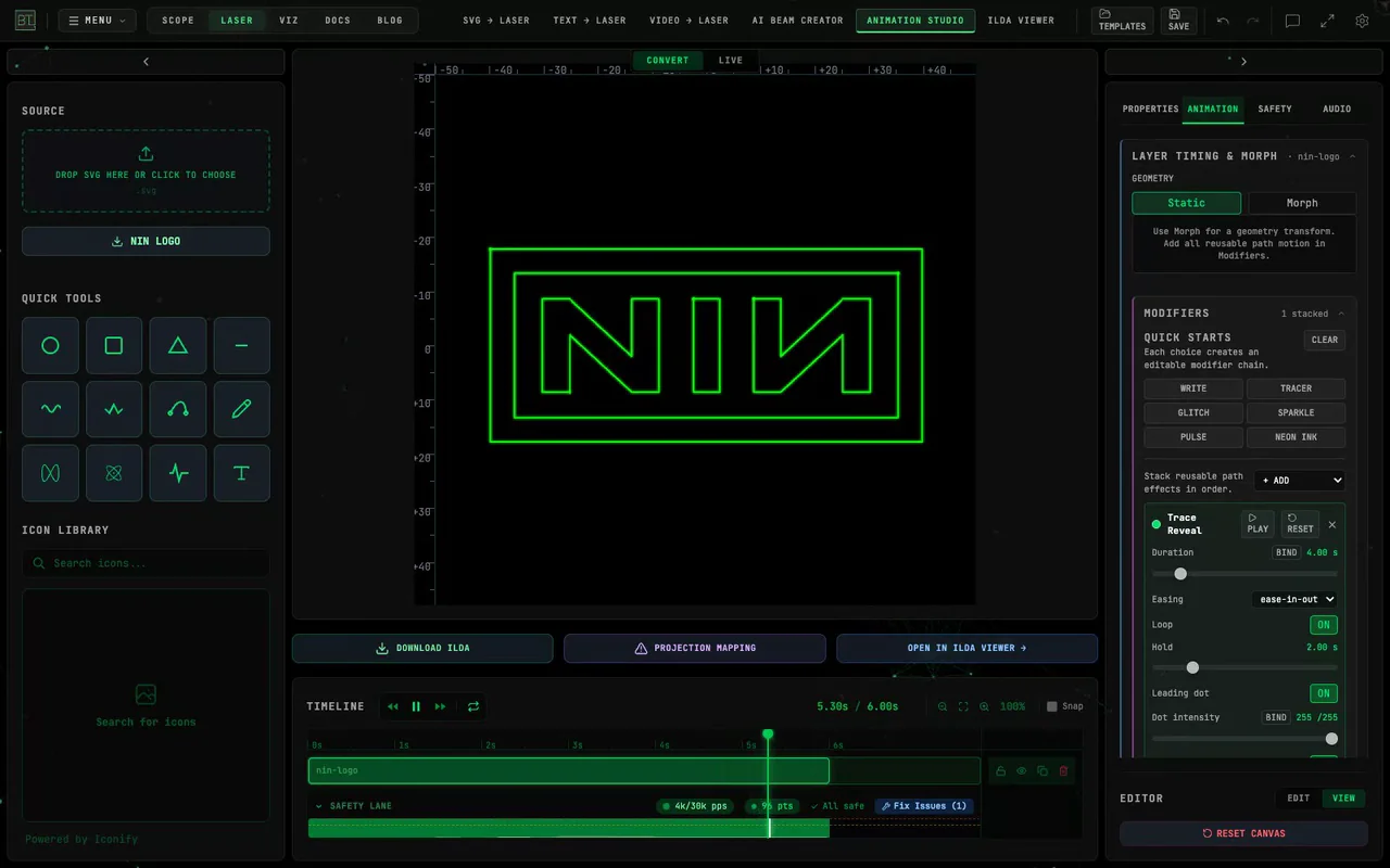 The NIN logo drawing as a green laser outline in Animation Studio while the timeline plays and Trace Reveal controls remain visible
