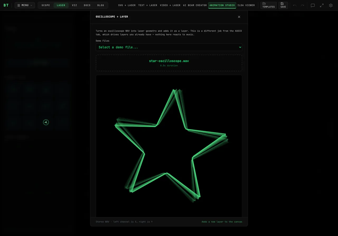 The OSCILLOSCOPE to LAYER dialog with a stereo WAV loaded and its star pattern shown in the live preview