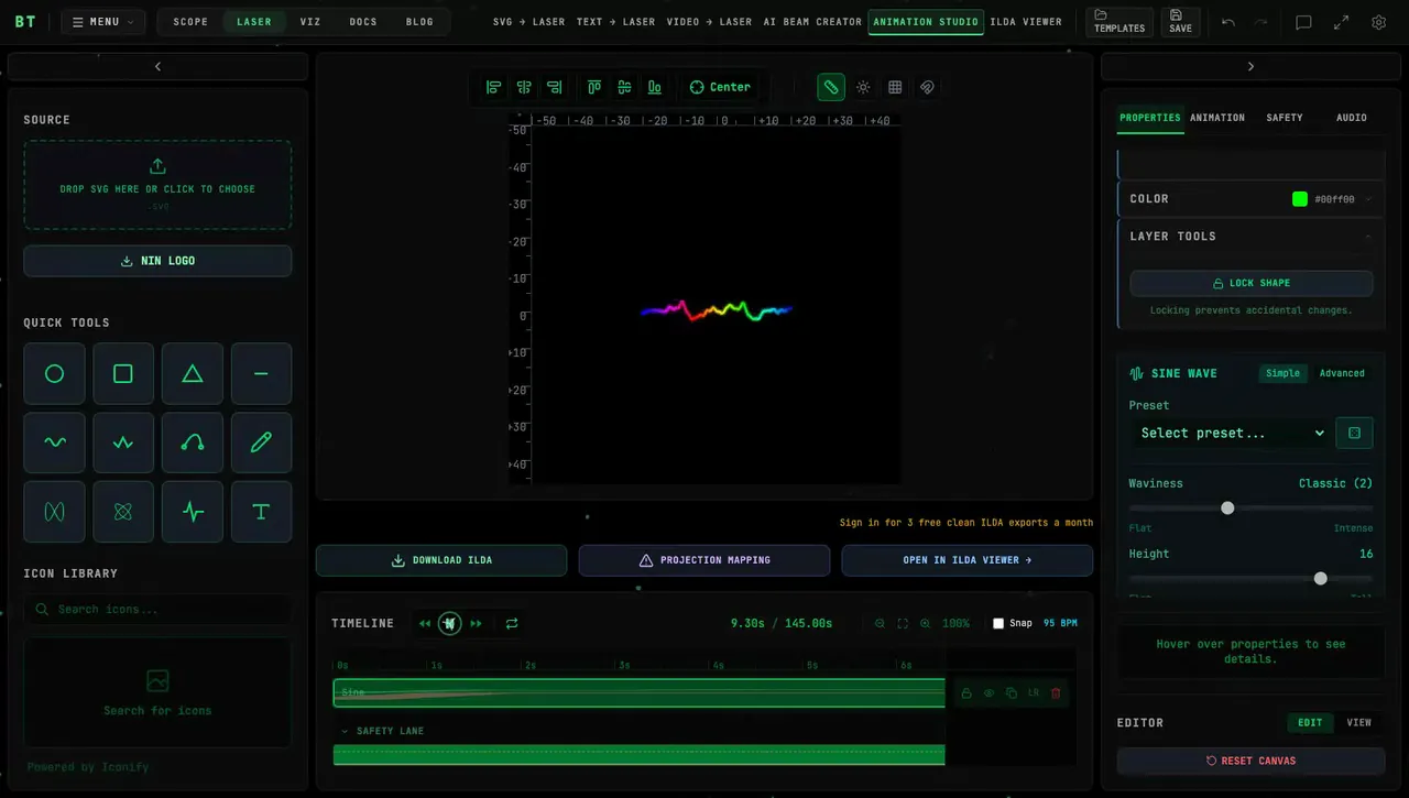 A rainbow sine wave in Animation Studio displaced by the live waveform of the playing track, with the Sine Wave panel open on the right