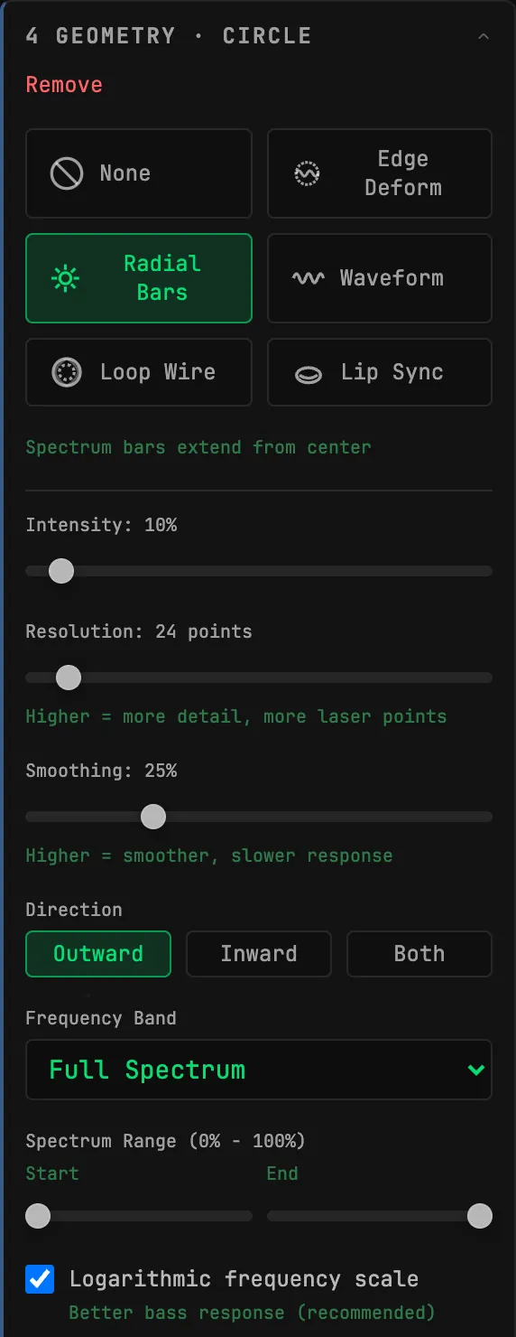 AUDIO 4 GEOMETRY with Radial Bars selected, Intensity 10%, Resolution 24, Smoothing 25%, and Outward direction