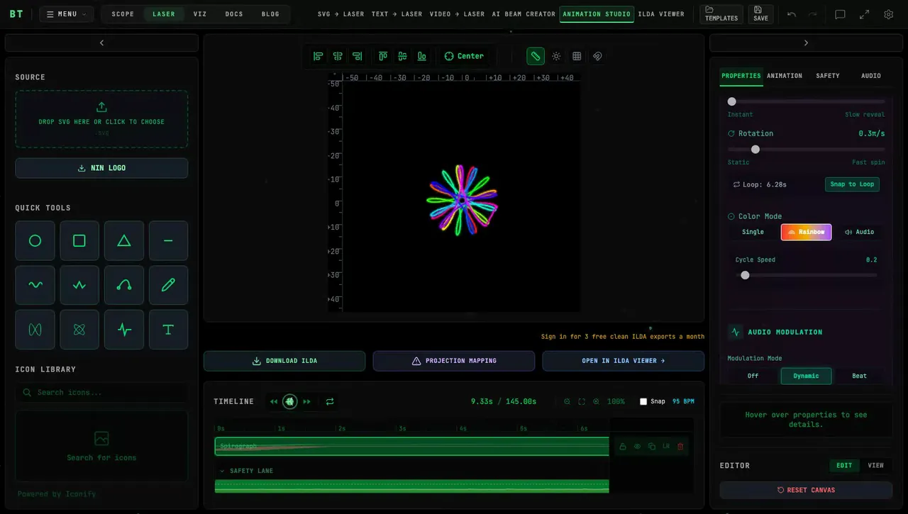 A rainbow Spinning Star spirograph animating in Animation Studio, with the Spirograph panel open showing its library preset, rotation, color mode, and audio modulation controls