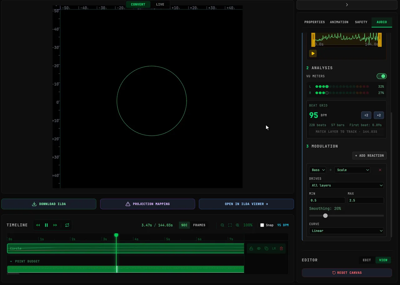 With the MUSIC demo loaded and the circle matched to the track, + ADD REACTION adds an RMS to Scale row; the source is changed to Bass, Smoothing is dragged from 80% to 20% and Max is set to 2.5, then Play makes the circle swell and shrink with the bass while the VU meters move